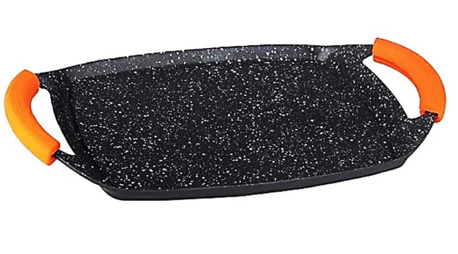 Grill sütőlap márvány bevonattal, szilikon fogókkal, 47 cm fekete/narancs Grill sütőlap márvány bevonattal, szilikon fogókkal, 47 cm fekete/narancs