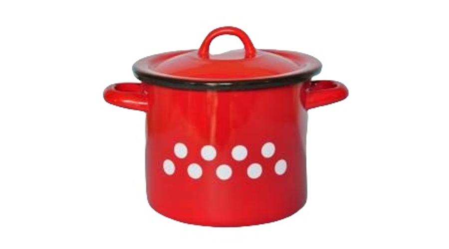 Zománcozott retro fazék fedővel, 1 L, piros pöttyös Zománcozott retro fazék fedővel, 1 L, piros pöttyös
